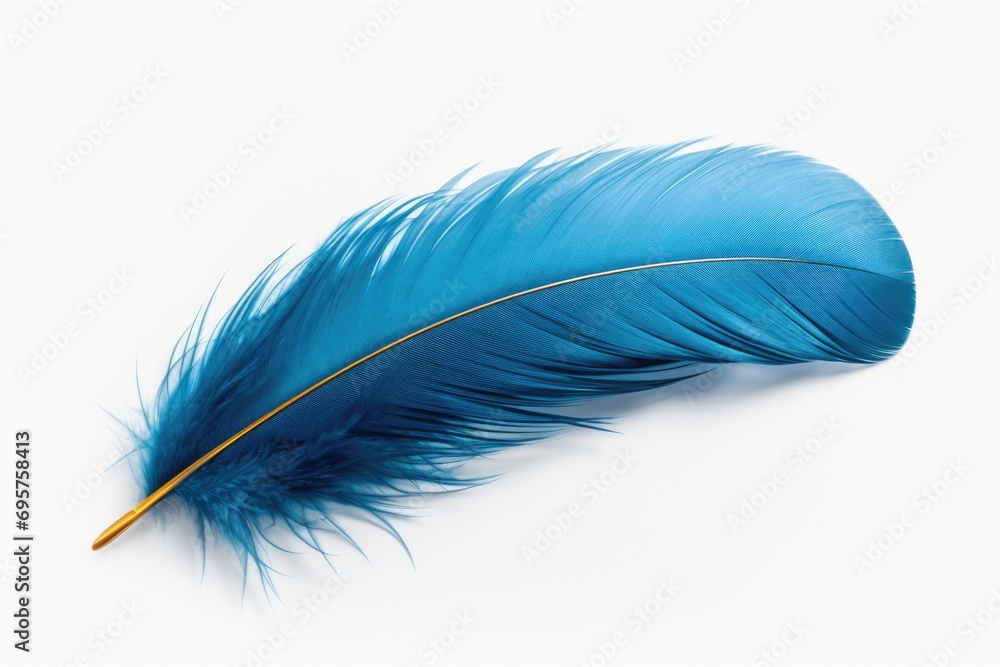 Poster A beautiful blue feather resting on a pristine white surface. Perfect for adding a touch of elegance and nature to any project