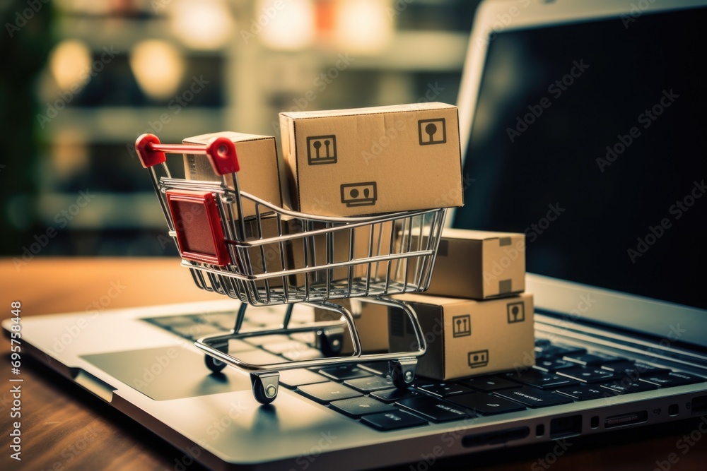 Aufkleber a shopping cart sitting on top of a laptop computer. this versatile image can be used to illustrate 