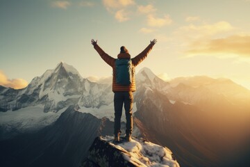 A man standing on top of a snow-covered mountain. Perfect for adventure, winter sports, and...
