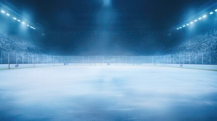 Ice hockey rink with dramatic lighting and fog. Can be used to depict intense sports action or...