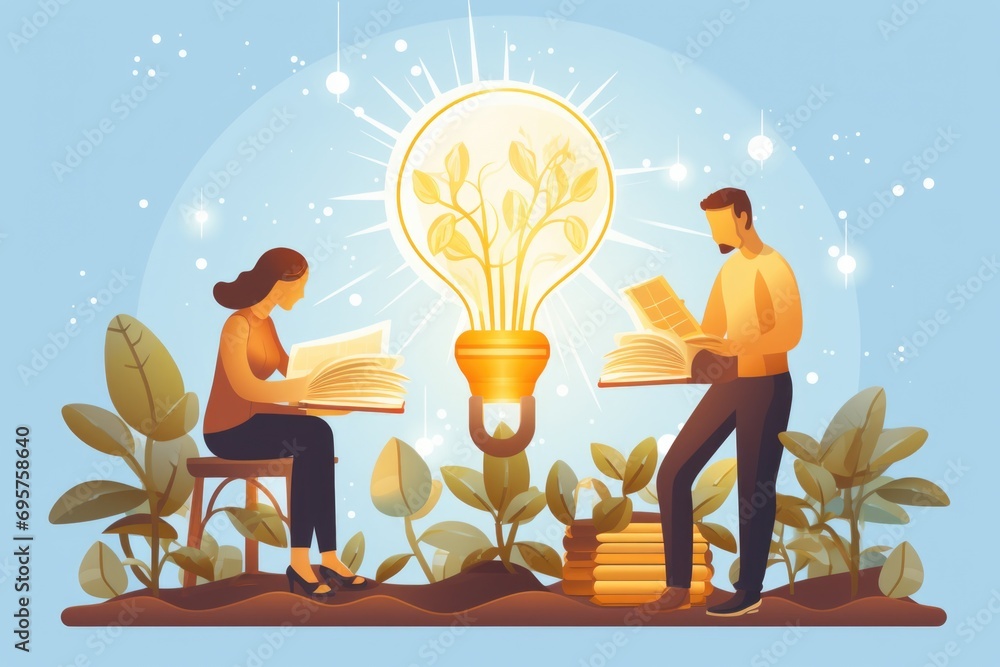 Poster a man and a woman are seated at a table with a light bulb hanging above them. this image can be used