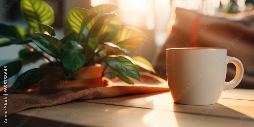 Poster A simple and inviting image of a coffee cup sitting on top of a wooden table. Perfect for adding a warm and cozy touch to any project or design