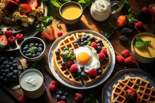 A delicious plate of waffles topped with a variety of fresh fruits and a perfectly cooked egg. This appetizing image can be used to showcase a healthy breakfast or brunch option