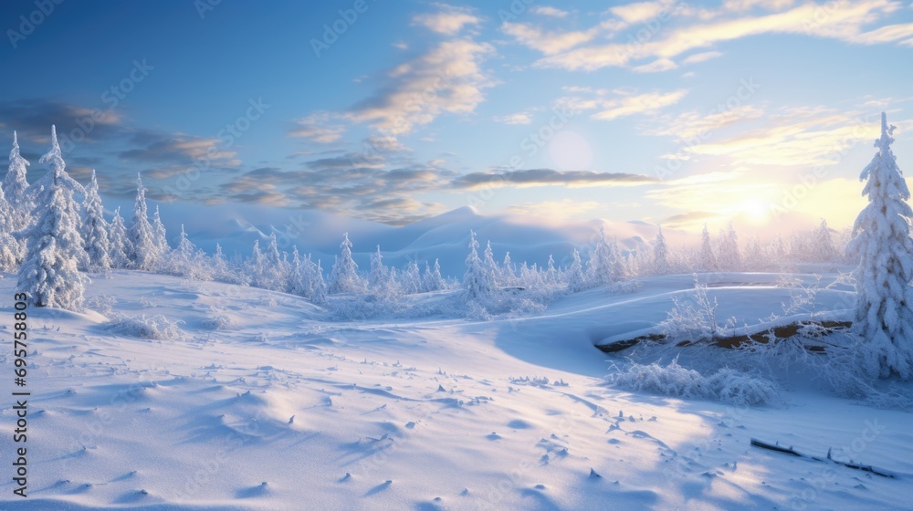 Poster a picturesque snowy landscape with trees covered in snow. this image can be used to depict winter sc