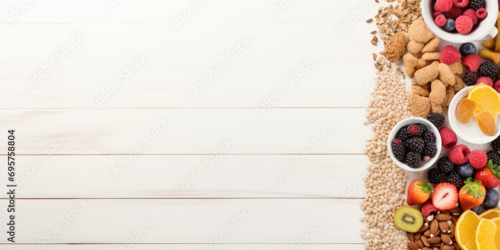 Poster A collection of various fruits and nuts displayed on a table. Perfect for food and nutrition-related projects