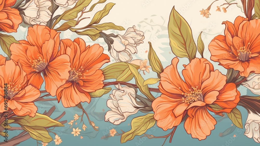 Poster a painting of orange flowers on a vibrant blue background. perfect for adding a pop of color to any 