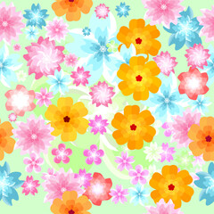 Fototapeta na wymiar Seamless pattern, pink, bright blue and bright orange flowers on a light green background,