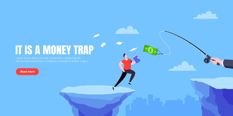 Fishing money chase business concept with businessman running after dangling dollar jumps over the cliff. - obrazy, fototapety, plakaty