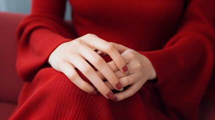 Close up beautiful woman nails red color. Skin care