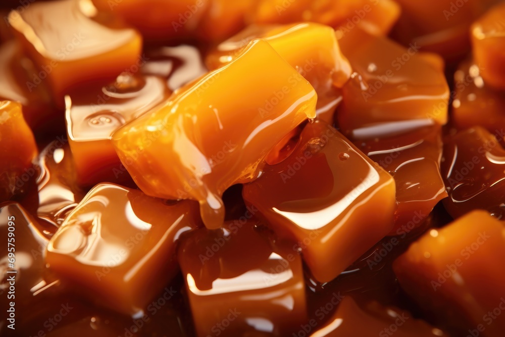 Poster a pile of caramels with one caramel showing a bite taken out. this image can be used to depict indul