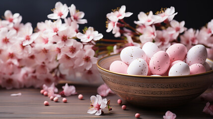 Obraz na płótnie Canvas Decorative colored Easter eggs in the bowl and a branch of apple blossom on the wooden background. Concept of summer holidays