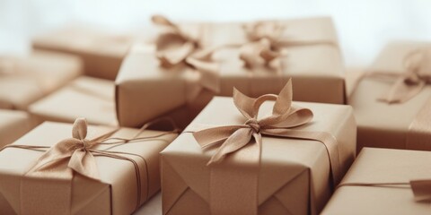 A bunch of brown boxes with brown ribbons. Perfect for gift wrapping or packaging needs - obrazy, fototapety, plakaty