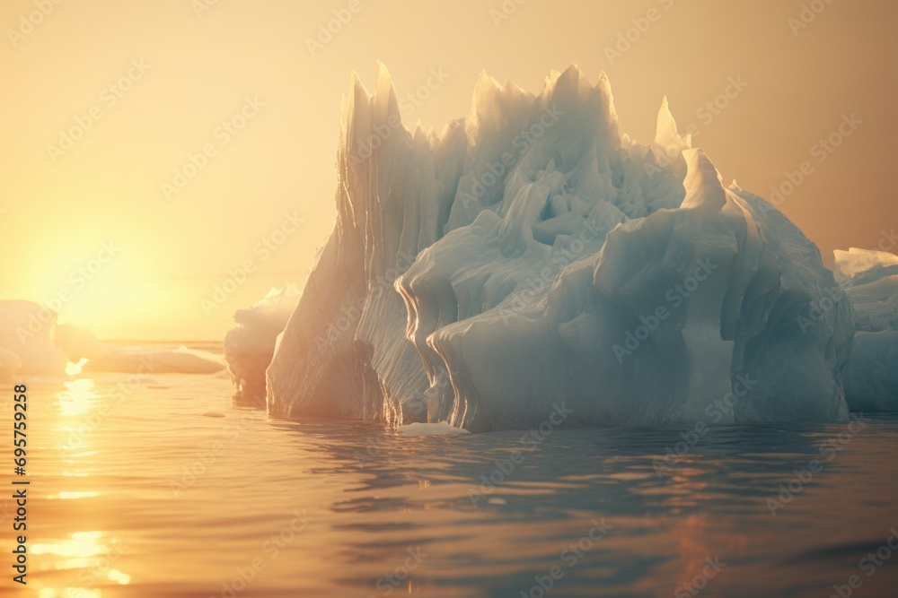 Poster a stunning image of a large iceberg floating in the ocean at sunset. perfect for nature and landscap