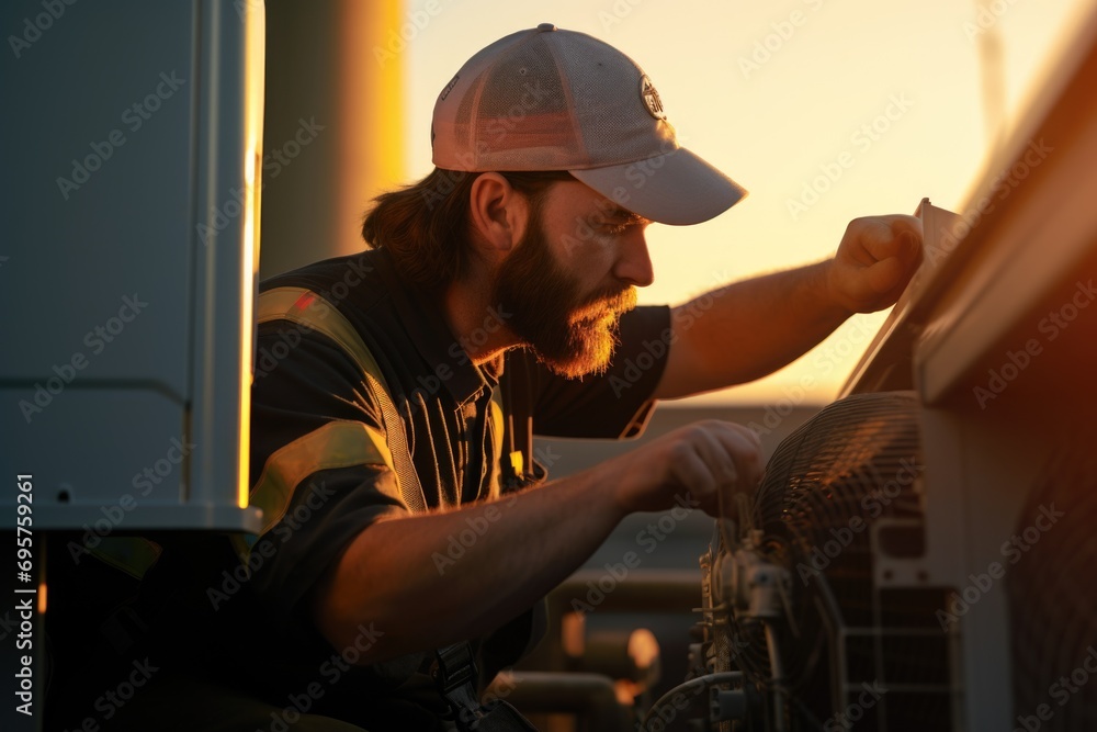 Poster a man with a beard and a baseball cap is seen fixing a heat pump. this image can be used to illustra