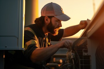A man with a beard and a baseball cap is seen fixing a heat pump. This image can be used to illustrate HVAC repair or maintenance services