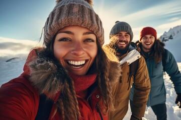 A group of people walking together in the snowy landscape. Perfect for winter activities or outdoor adventures
