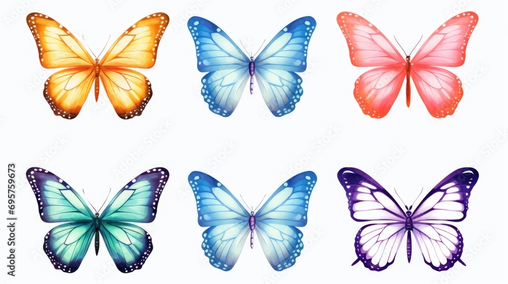 Poster a collection of four different colored butterflies captured against a clean white background. perfec