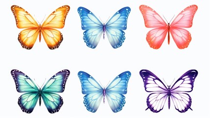 A collection of four different colored butterflies captured against a clean white background. Perfect for nature-themed projects and designs