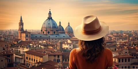 Capturing essence of italy. Mesmerizing shot young woman immerses herself in beauty of Italian city. Dressed in fashionable hat stands against backdrop of iconic European architecture