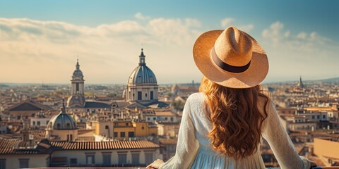 Capturing essence of italy. Mesmerizing shot young woman immerses herself in beauty of Italian city. Dressed in fashionable hat stands against backdrop of iconic European architecture - obrazy, fototapety, plakaty