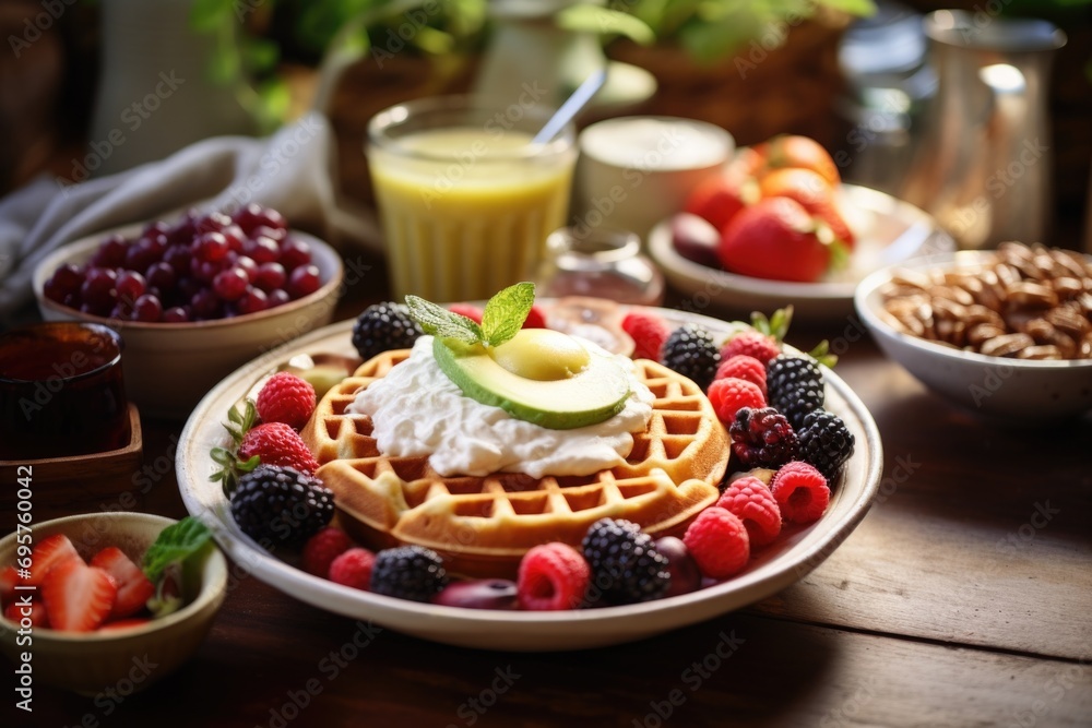 Sticker A plate of waffles topped with whipped cream and fresh fruit. Perfect for a delicious breakfast or brunch