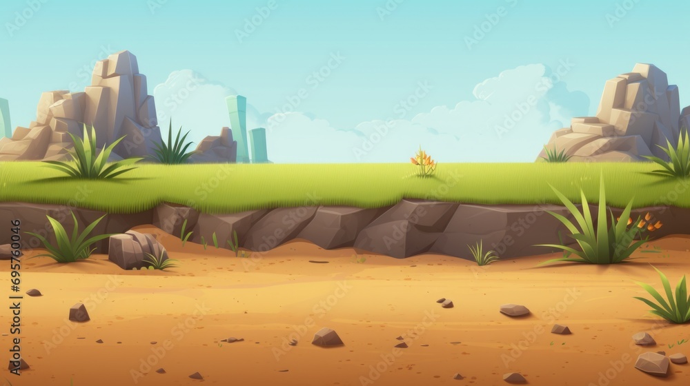 Poster a cartoon desert scene featuring rocks and grass. suitable for various uses