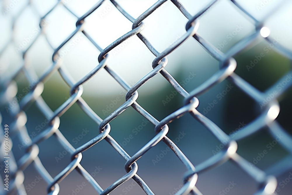 Poster a detailed view of a chain link fence. this image can be used to depict security, boundaries, or urb
