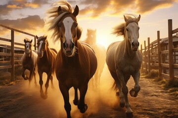 Horses running together down a dirt road. Suitable for outdoor and nature-themed projects