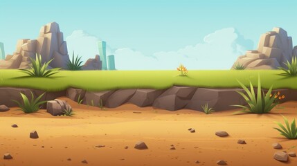 A cartoon desert scene featuring rocks and grass. Suitable for various uses