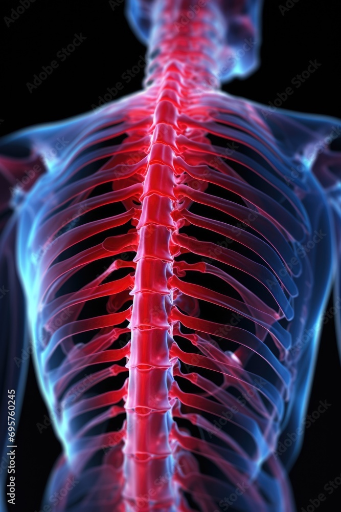 Poster a detailed view of the back of a man's skeleton with the ribs exposed. can be used for educational p