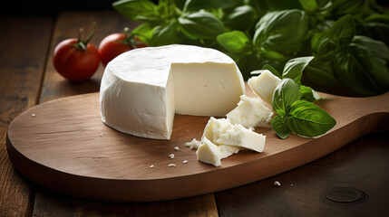 fresh mozzarella cheese on a wooden surface