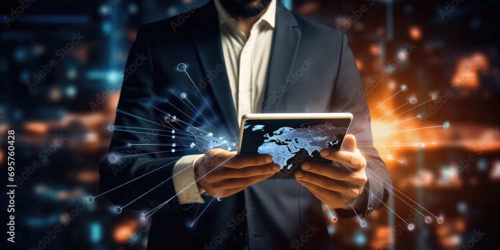 Poster A man in a suit holding a tablet displaying a world map. This image can be used to represent global business, technology, or travel