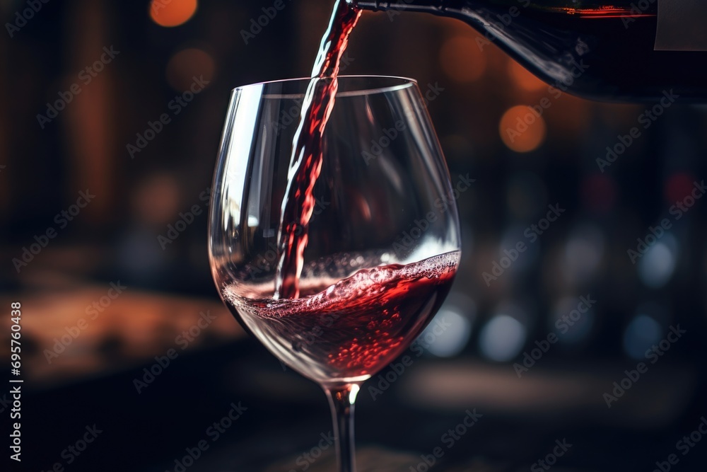 Poster a glass of red wine being poured into a wine glass. perfect for wine enthusiasts or a sophisticated 