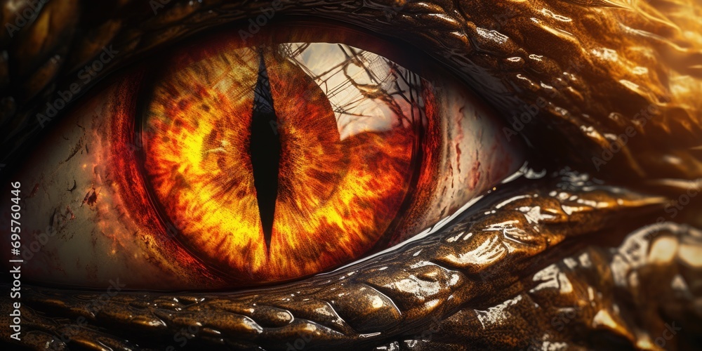 Poster a close-up view of a dragon's eye. perfect for fantasy or mythical themes