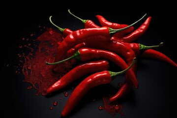 A pile of red hot peppers on a black surface. Perfect for adding a spicy touch to your culinary projects