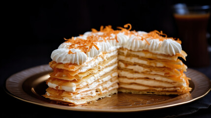 Сake with whipped cream and caramelized carrots on a plate