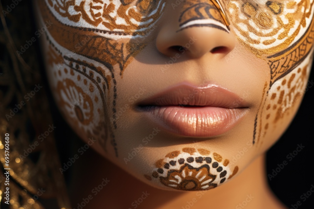 Poster A close-up view of a person with a painted face. This image can be used for various creative projects and artistic expressions