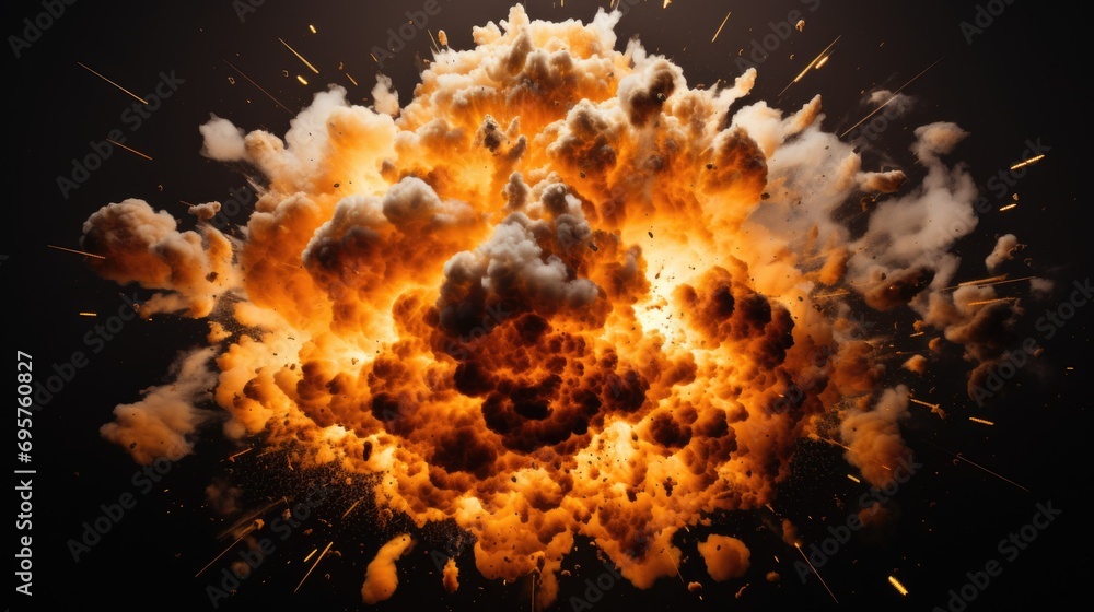 Poster A large explosion of orange and yellow smoke. Perfect for adding a dynamic and colorful touch to any creative project
