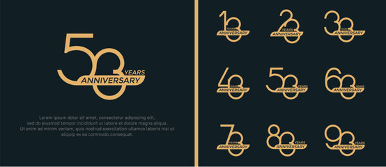 set of anniversary logo flat golden color and ribbon on black background for celebration moment