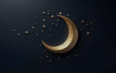 Obraz na płótnie Canvas Happy Ramadan poster, copy space. Golden sophisticated moon on matte service. Modern minimalistic Islamic holiday banner with shining crescent moon on dark night background. AI Generative.