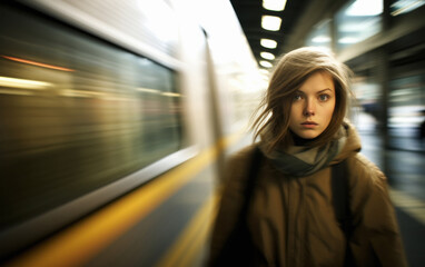 young and beautiful woman standing at railway platform