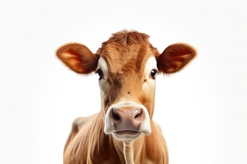 Close-up shot of a cow's face with a white background. Perfect for agricultural or animal-themed designs