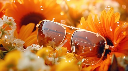 A pair of sunglasses resting on top of a colorful bunch of flowers. Perfect for adding a touch of style and nature to any design project