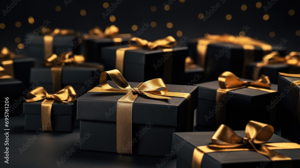 Poster A collection of black boxes adorned with elegant gold bows. Perfect for gifting or adding a touch of sophistication to any occasion