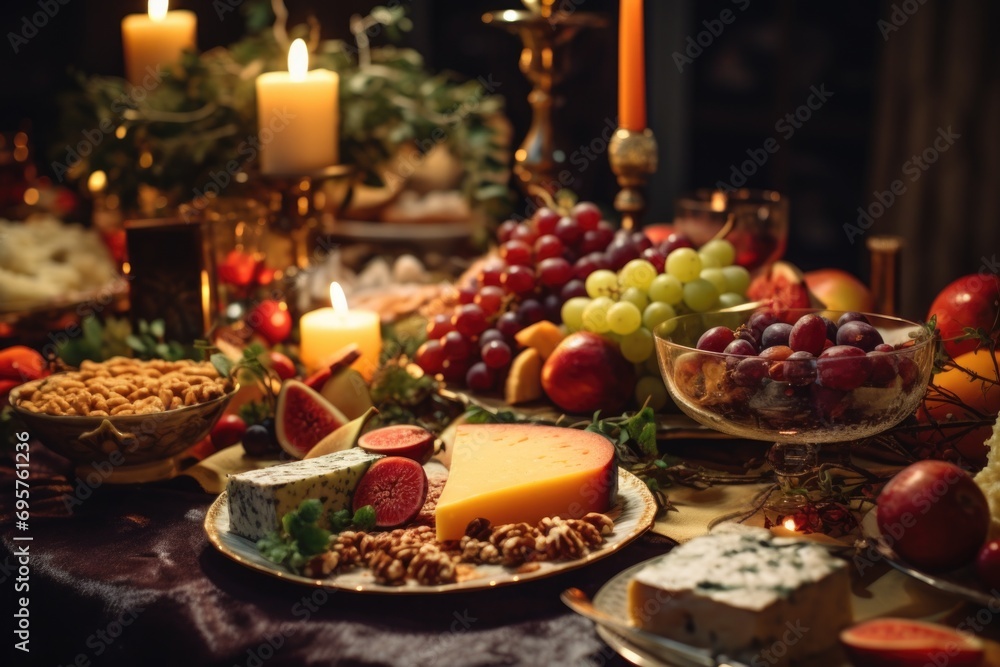 Poster A variety of different types of food arranged on a table. Suitable for various culinary and dining concepts
