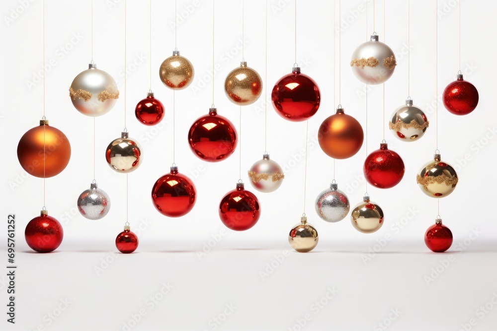 Poster a group of red and gold ornaments hanging from strings. perfect for festive decorations and holiday-