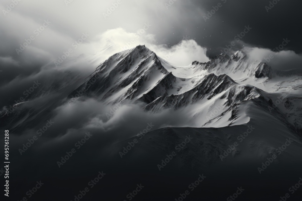 Poster a stunning black and white photo of a snow covered mountain. perfect for adding a touch of elegance 
