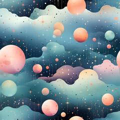 Dreamy galaxy patterns with stars, planets, and celestial elements in cute and pastel hues , Mystical Galaxy Digital Paper , Mystical Galaxy Seamless Pattern , generative AI illustration