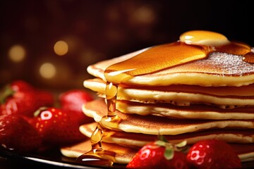A delicious stack of pancakes topped with syrup and fresh strawberries. Perfect for breakfast or brunch