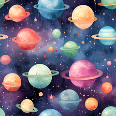 Dreamy galaxy patterns with stars, planets, and celestial elements in cute and pastel hues , Mystical Galaxy Digital Paper , Mystical Galaxy Seamless Pattern , generative AI illustration